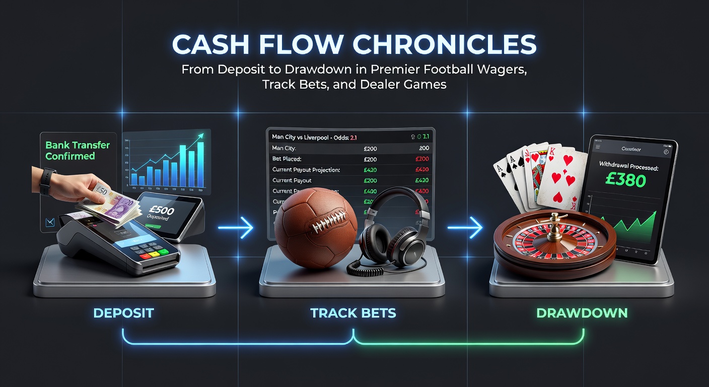 Digital graphic showing money flowing from deposit to betting action and withdrawals in soccer, racing, and casino interfaces