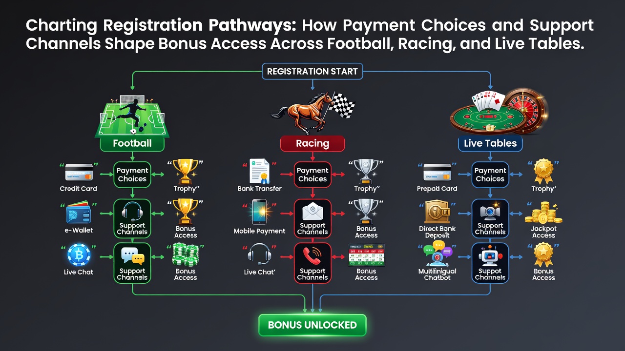 Flowchart showing registration steps linked to payment methods and bonus eligibility across betting categories