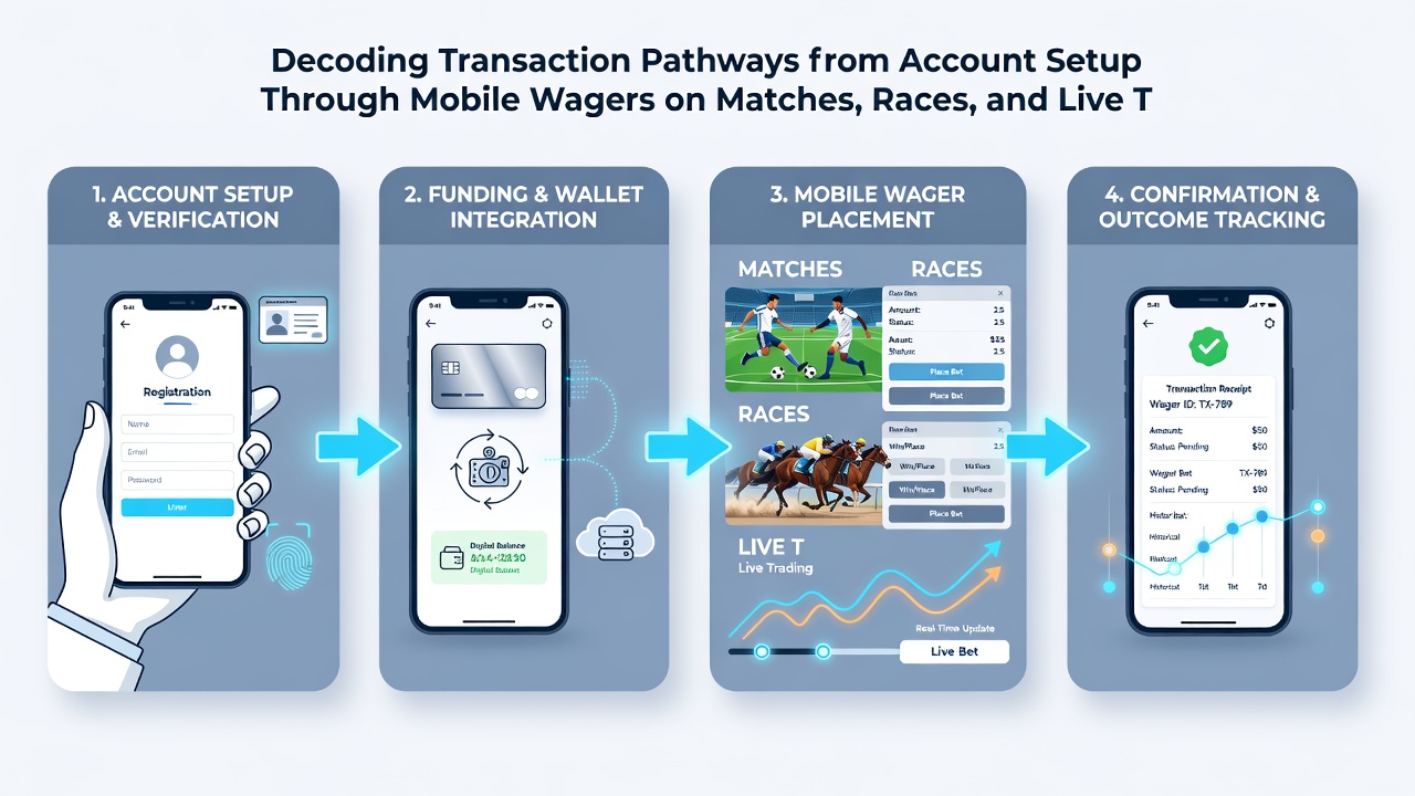 Screenshot of a mobile betting app showing wager placement on sports matches, horse races, and live casino tables with transaction confirmation