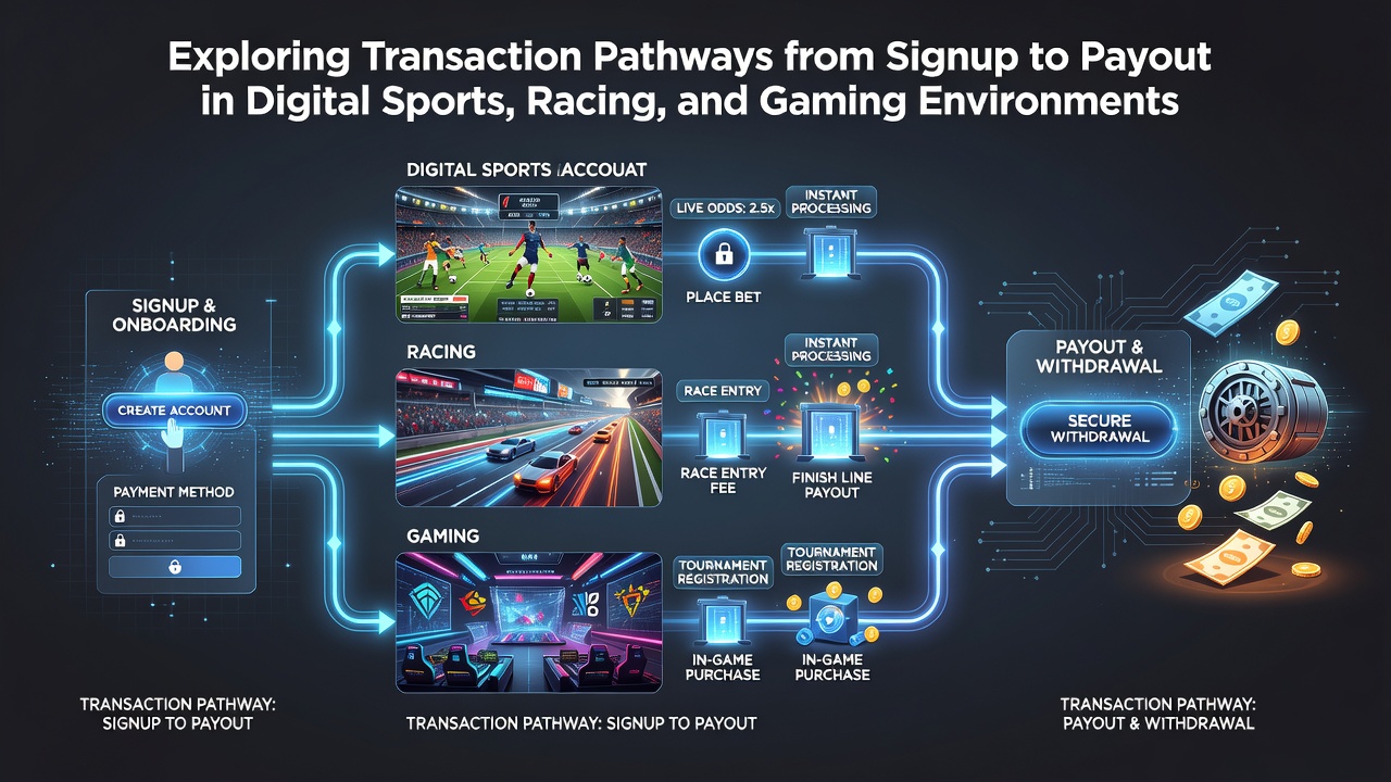 Digital transaction pathways illustrated across sports betting, horse racing, and online gaming interfaces on multiple devices