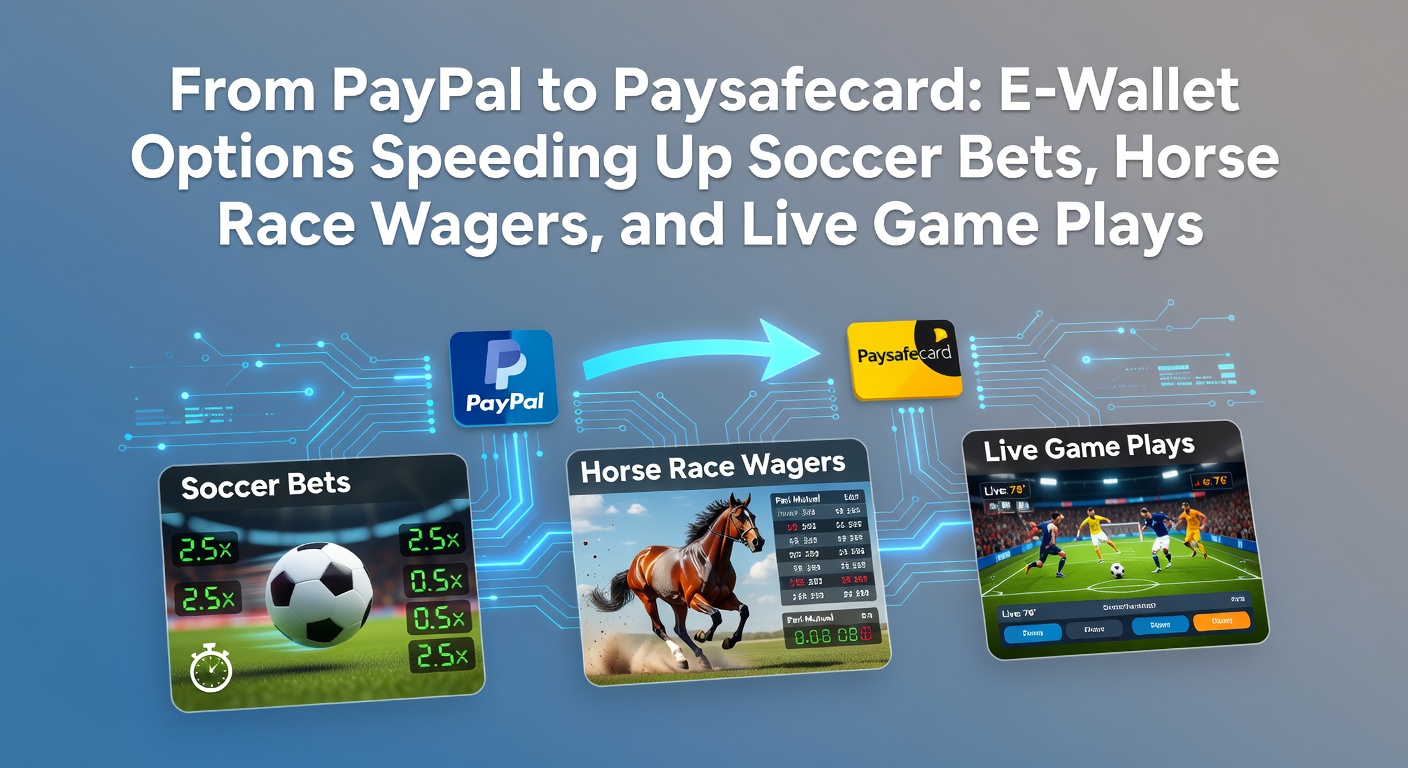 Digital e-wallet icons overlayed on a vibrant soccer pitch with racehorses in the background and live dealer cards flashing