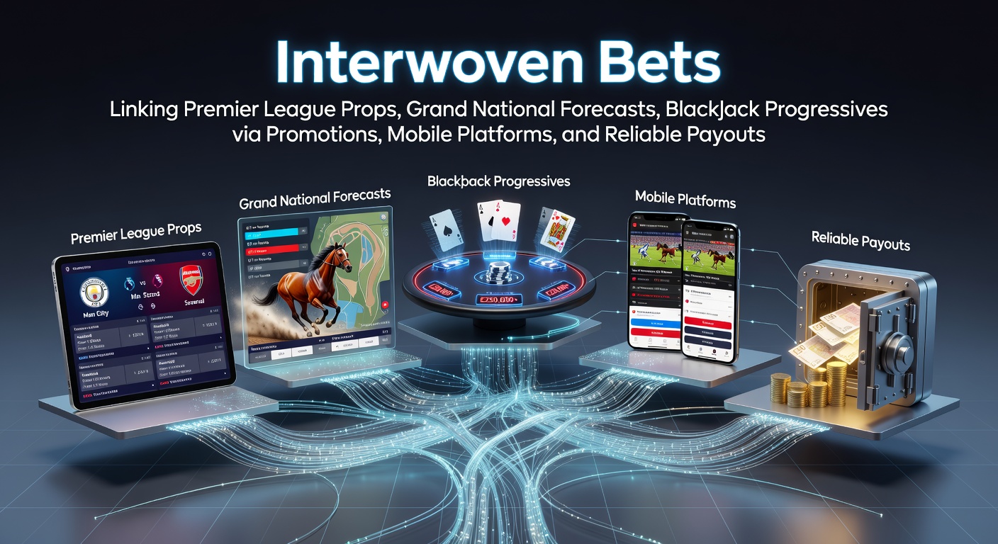 Vibrant digital collage showing Premier League action, Grand National horses thundering down the track, and glowing blackjack tables with progressive jackpots, all connected by glowing promo icons, mobile screens, and payout arrows