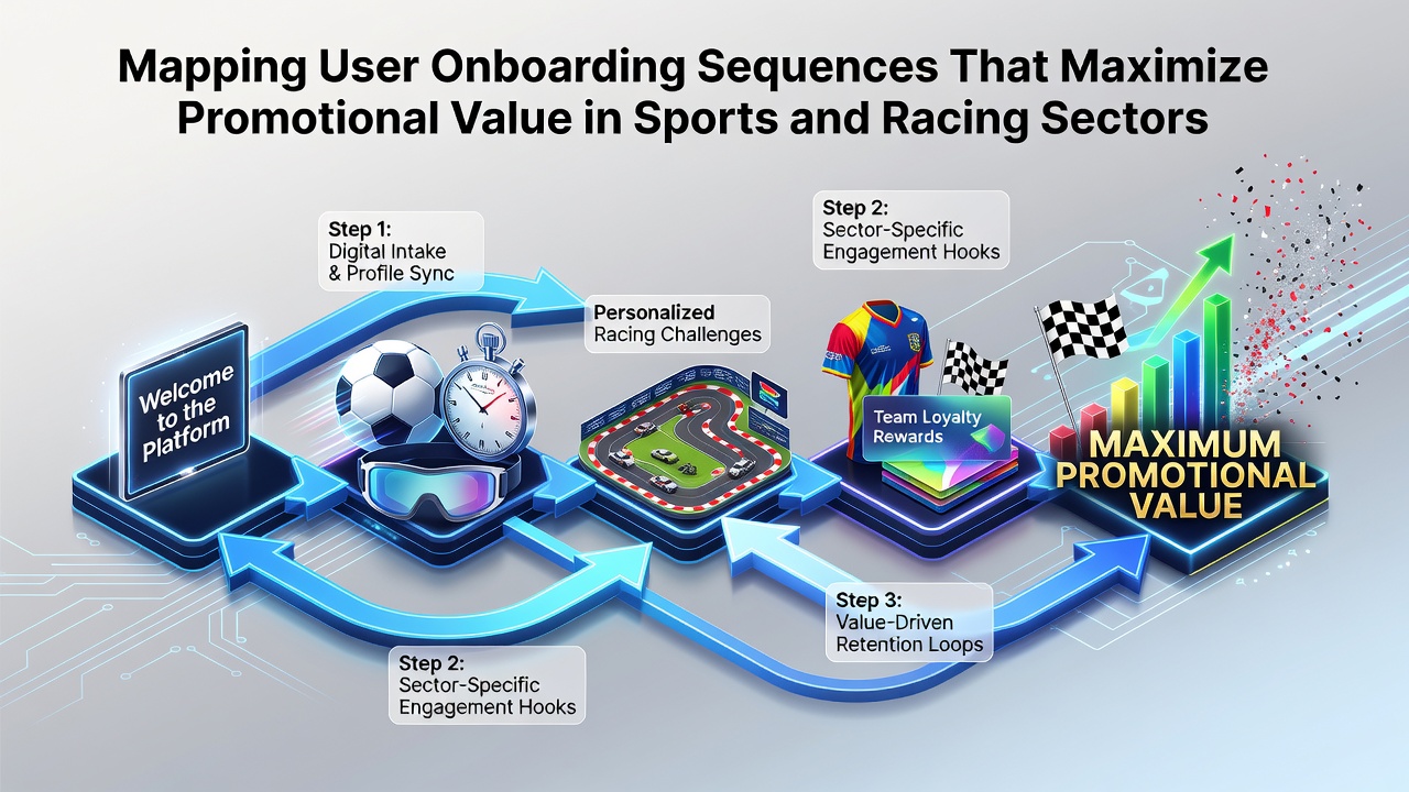 Visual diagram showing user onboarding flow for sports and racing promotions