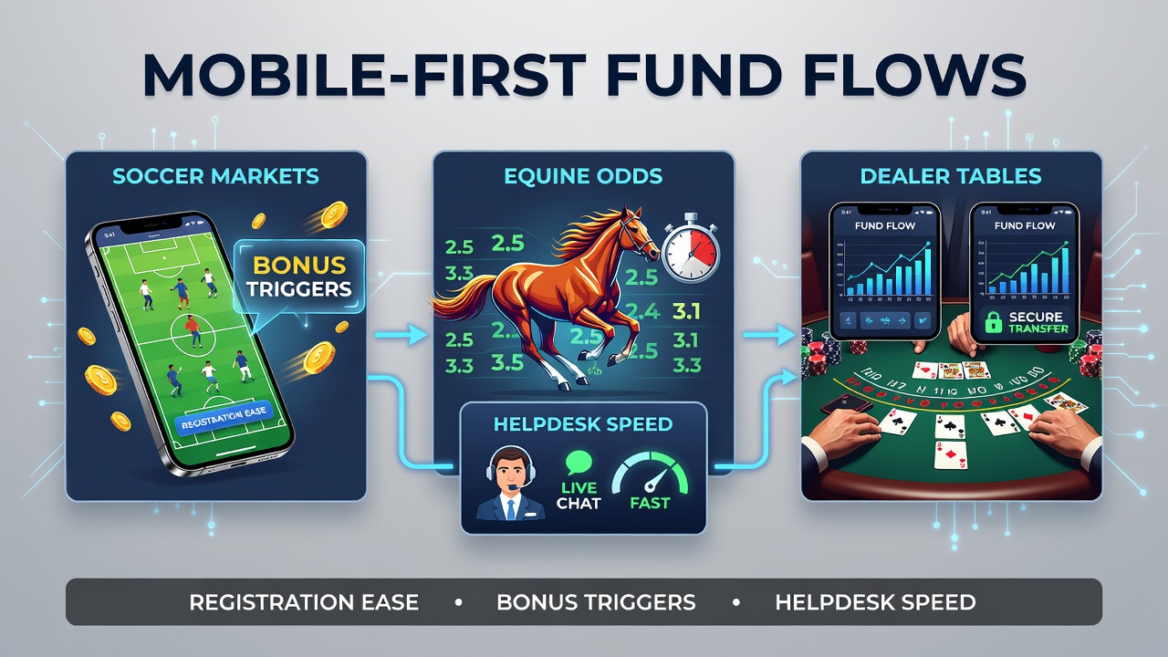 Mobile betting interface showing streamlined registration and fund flow options for soccer markets