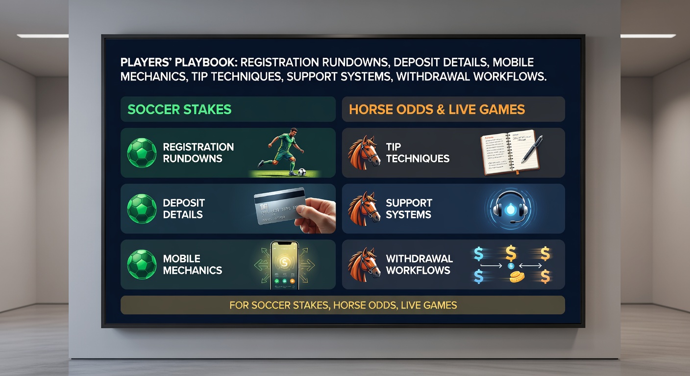 Dynamic digital interface showing betting app screens for football matches, horse races, and live tables with signup forms and deposit options highlighted
