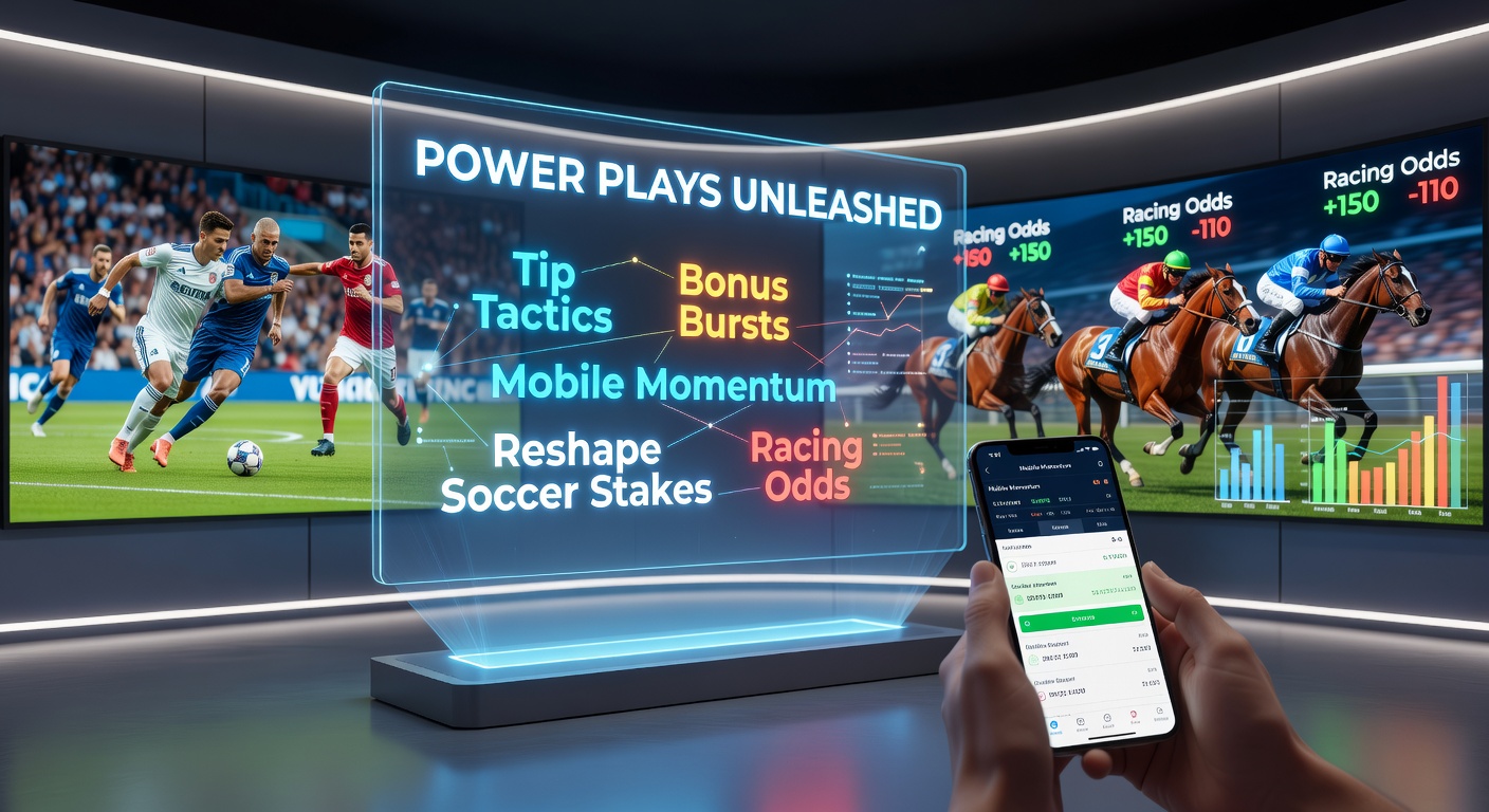 Horse racing scene with odds board flashing bonus offers and mobile betting notifications during a intense finish