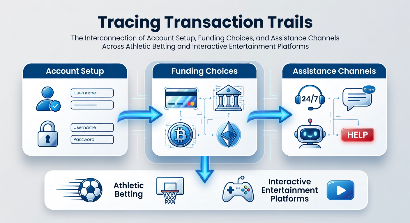 Diagram showing interconnected steps of account setup, funding options, and customer support in betting platforms